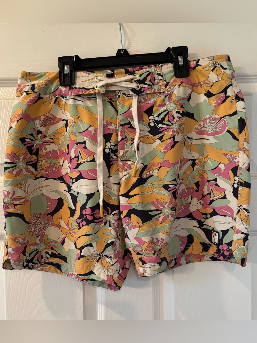 Marine Layer Floral Drawstring Swim Shorts in Yellow, Pink & Green
